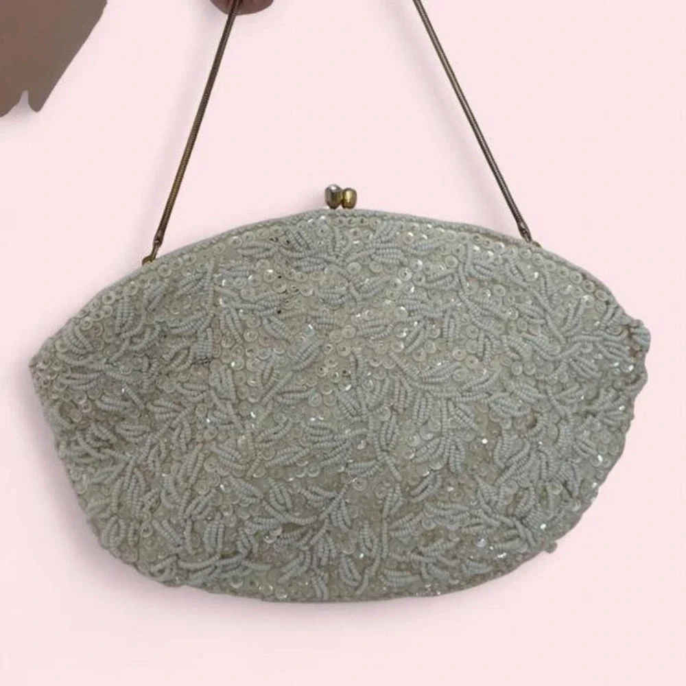 Vintage Handmade Hong Kong White Beaded Evening Bag